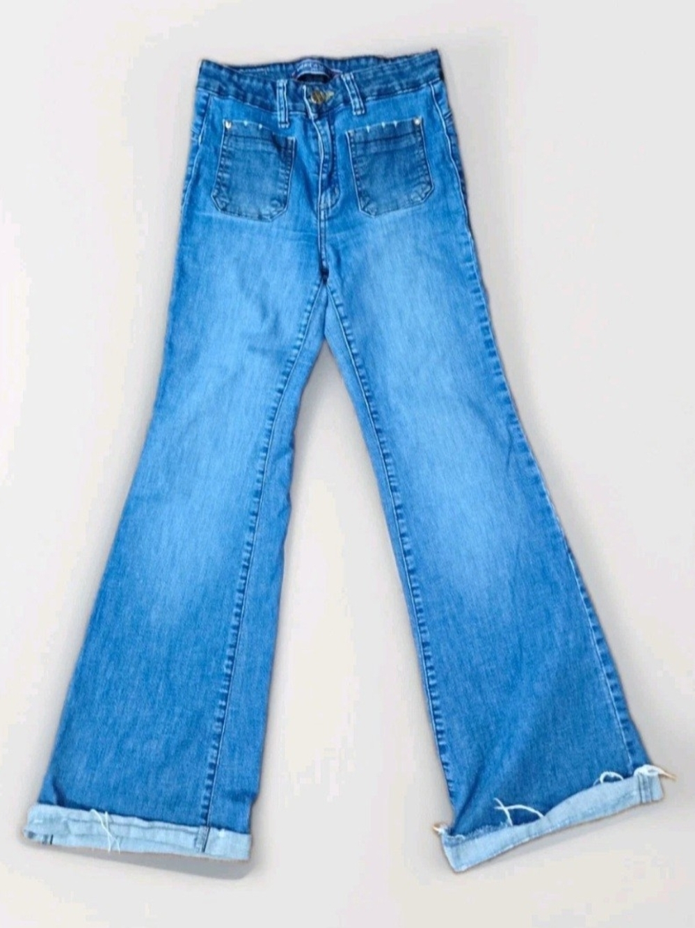 Mohicano Blue Flare Jeans Patch Pockets 25” Waist 29” Inseam